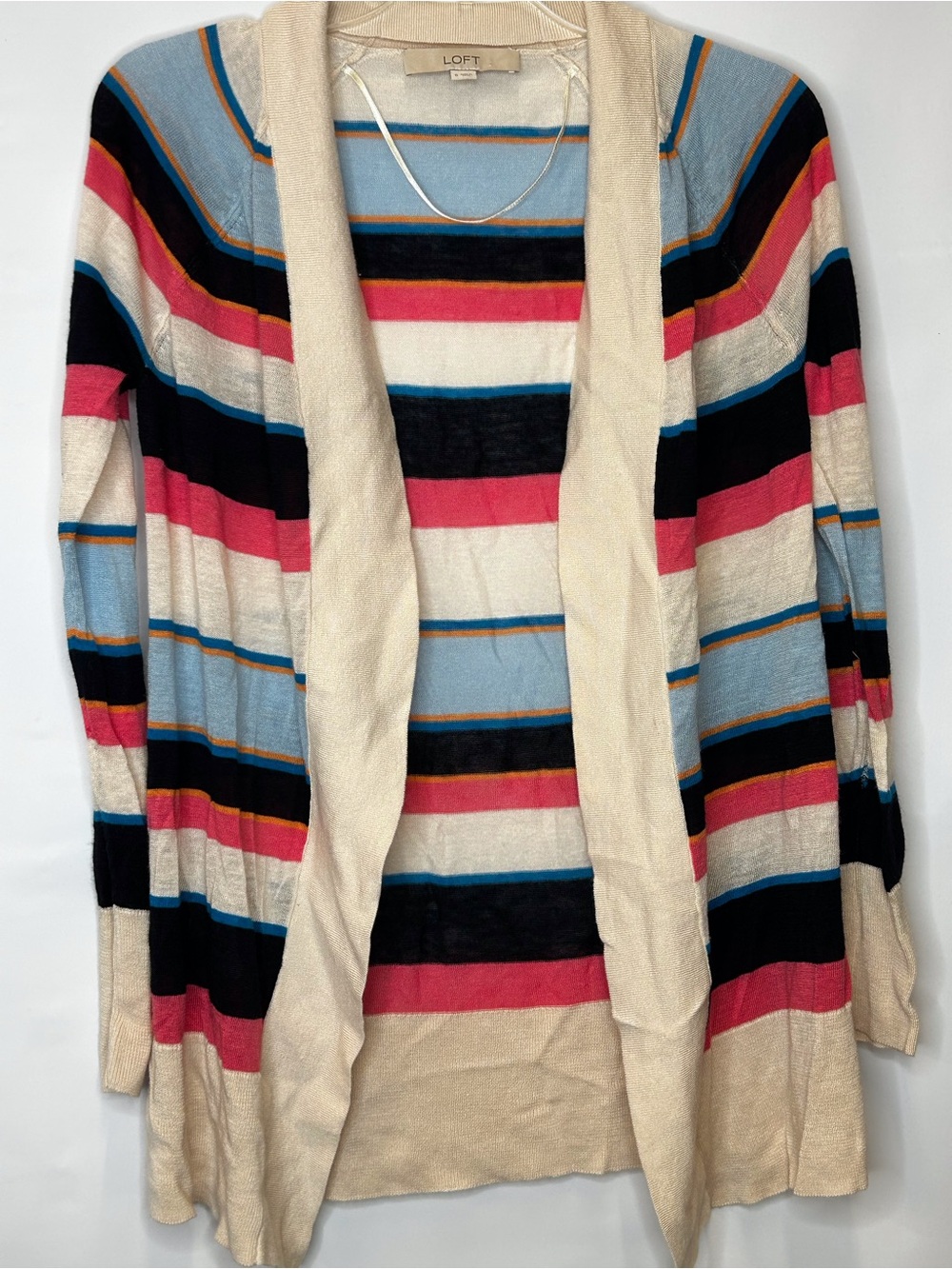 LOFT Cream Open-Front Striped Cardigan with Blue and Pink Accents